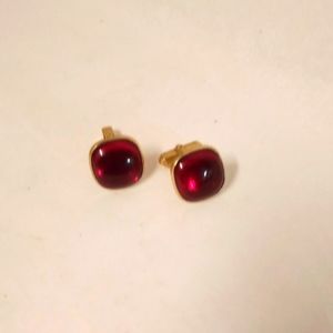Vintage Cufflinks, Ruby Red , Gold Tone Square